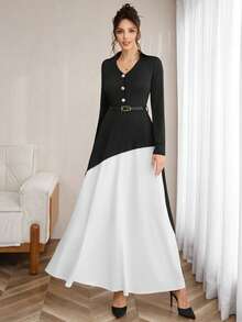 Opuloom Abito midi a-line con cintura in vita, a maniche lunghe, con scollo a V e colletto, in tessuto intrecciato a blocchi di colore, adatto per ufficio, lavoro, casual e occasioni di ristorazione, 2 in 1, colori bianco e nero, adatto per autunno/inverno/primavera