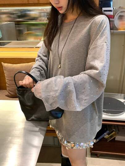 DAZY Camiseta de manga larga con cuello redondo y parches de malla, estilo coreano, para primavera/otoño