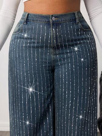 SHEIN BAE Jeans casuales holgados de talle alto con bolsillos y adornos de strass para mujer de talla grande