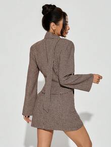 SHEIN PETITE Fall/Winter 3pcs Retro Chic Commuter Brown Houndstooth Wool Suit Set: Fitted Blazer + Low-Waist Skirt + Scarf (Includes Shoulder Pads) Tweed Two Pieces Set Brown Blazer Women Brown Two Pieces Set Women Blazer Skirt Set Skirt Suit - Brown - View 2