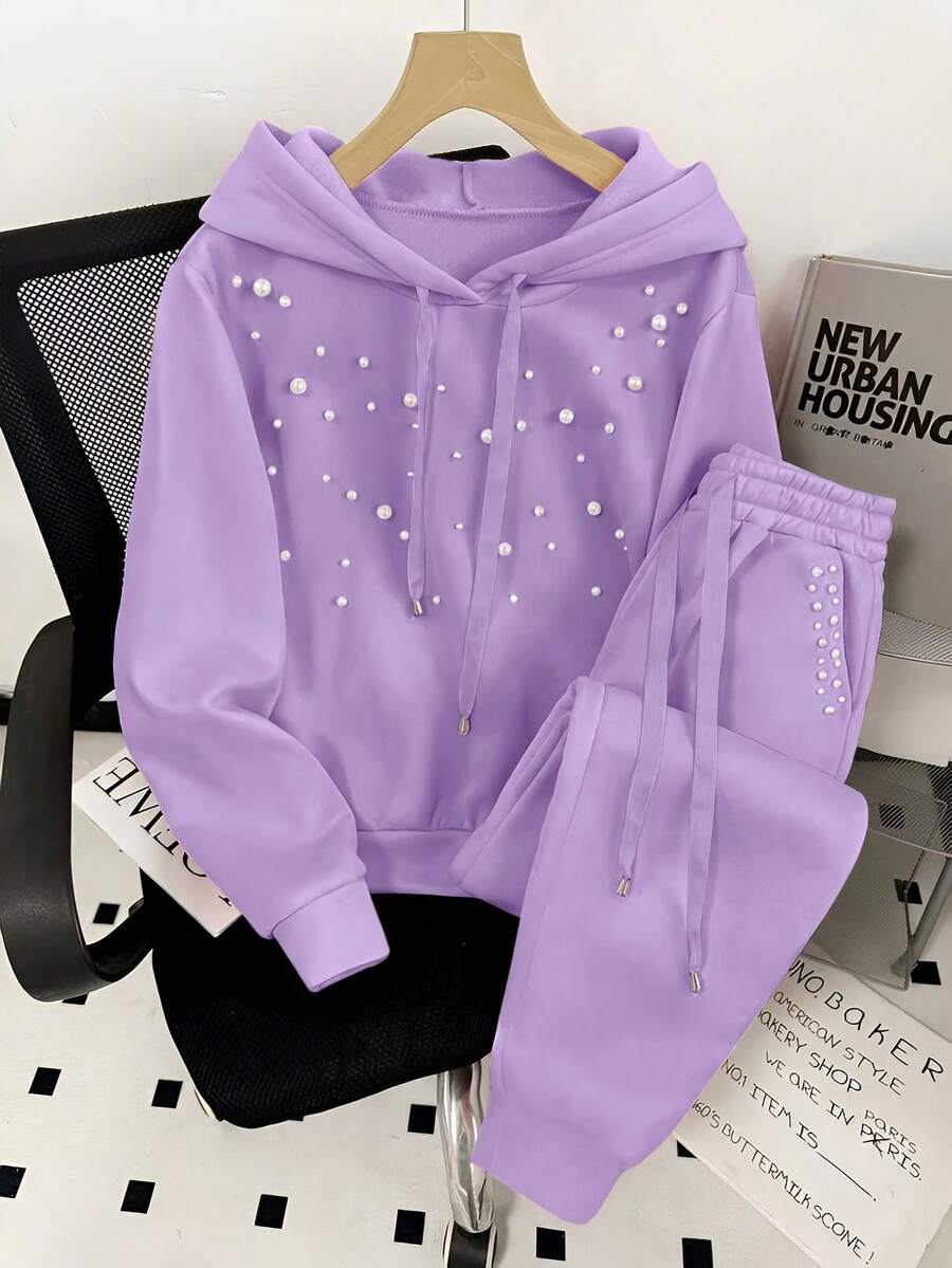 Resyla Women's Solid Color Beaded Decor Hooded Drawstring Sweatshirt And Pants Casual 2 Pieces Set - Lilac Purple - View 1