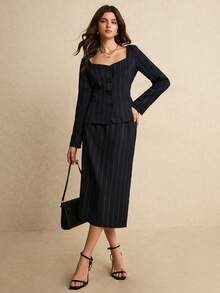 Poéselle 女士优雅通勤条纹外套和裙子套装 - 藏蓝色 - 查看 2