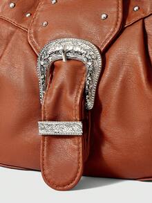 ROMWE Fairycore Túi xách đeo vai bằng da PU đính đinh tán thời trang, phong cách cho công sở. - màu nâu - Xem 4