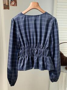 Comfortcana Áo kiểu nữ thường ngày kẻ caro tay phồng đính nơ, thích hợp mặc mùa thu và năm mới. - Màu xanh hải quân - Xem 2