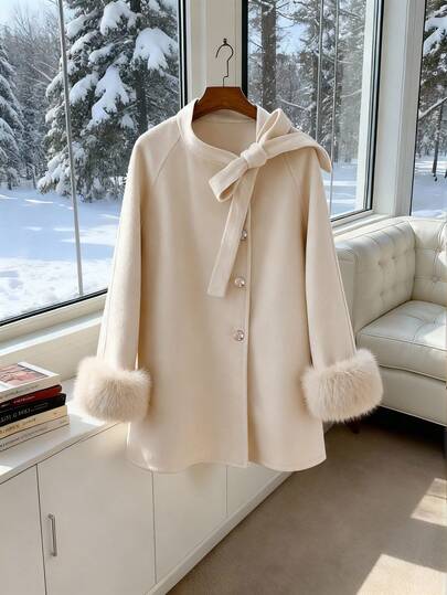 Franclia Plus Size Women's Elegant French Knot Collar Faux Fur Cuff Loose Wool Blend Jacket, Autumn/Winter