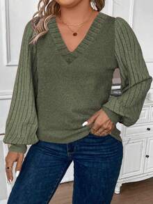 EMERY ROSE Autumn/Winter New Fashion Casual Basic V-Neck Puff Sleeve Ribbed Fabric Plus Size T-Shirt, Military Green - Army Green - View 4