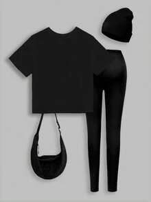 Sparklyn 2pcs/Set Number 67 Graphic Print Top, Tween Girl Crew Neck Sweatshirt And Leggings Set, Fashionable Casual, Suitable For Autumn/Winter - Black - View 3