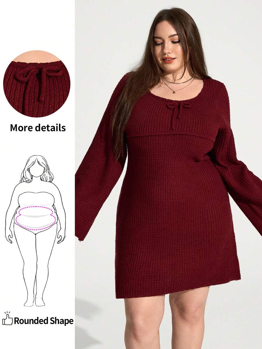 Enliva Plus Size Women's Woolen Dress,Flared Long Sleeve Mini,Burgundy,Autumn,Elegant,Everyday Fall/Winter Valentine's Day Gift Romance New Year Outfit 2026 - Burgundy - View 1