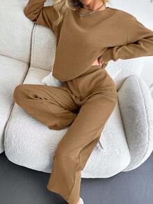 EURMUSE 100%Cotton Rib-Knit Drop Shoulder Tee & Pants - Camel - View 4