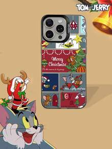TOM & JERRY X SHEIN Funda de teléfono dura de estilo navideño con gato y ratón, con elementos navideños de gato y ratón y texto "Feliz Navidad", compatible con iPhone y Galaxy, para regalo de Navidad y uso diario, estilo de dibujos animados retro, adecuado para entusiastas de la animación y - Negro - Ver 7