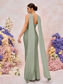 SHEIN Belle 优雅、浪漫、绿色、编织哑光、缎带装饰、露肩、无肩带、修身、鱼尾伴娘礼服 - 橄欖綠 - 查看 4