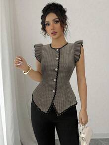 Elenzga 女士优雅撞色荷叶边拼接腰部系带衬衫，配以飘逸的荷叶袖，秋季款 - 彩色 - 查看 5