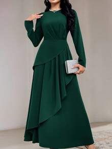 Veilorie Women's Solid Color Round Neck Long Sleeve Pleated Minimalist Casual Long Dress Long Evening Dresses - Dark Green - View 3
