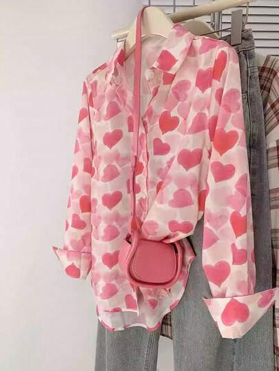 GlowEve CURVE Blusa de manga larga con estampado de corazón para mujer de talla grande, para uso casual o laboral, para otoño/invierno