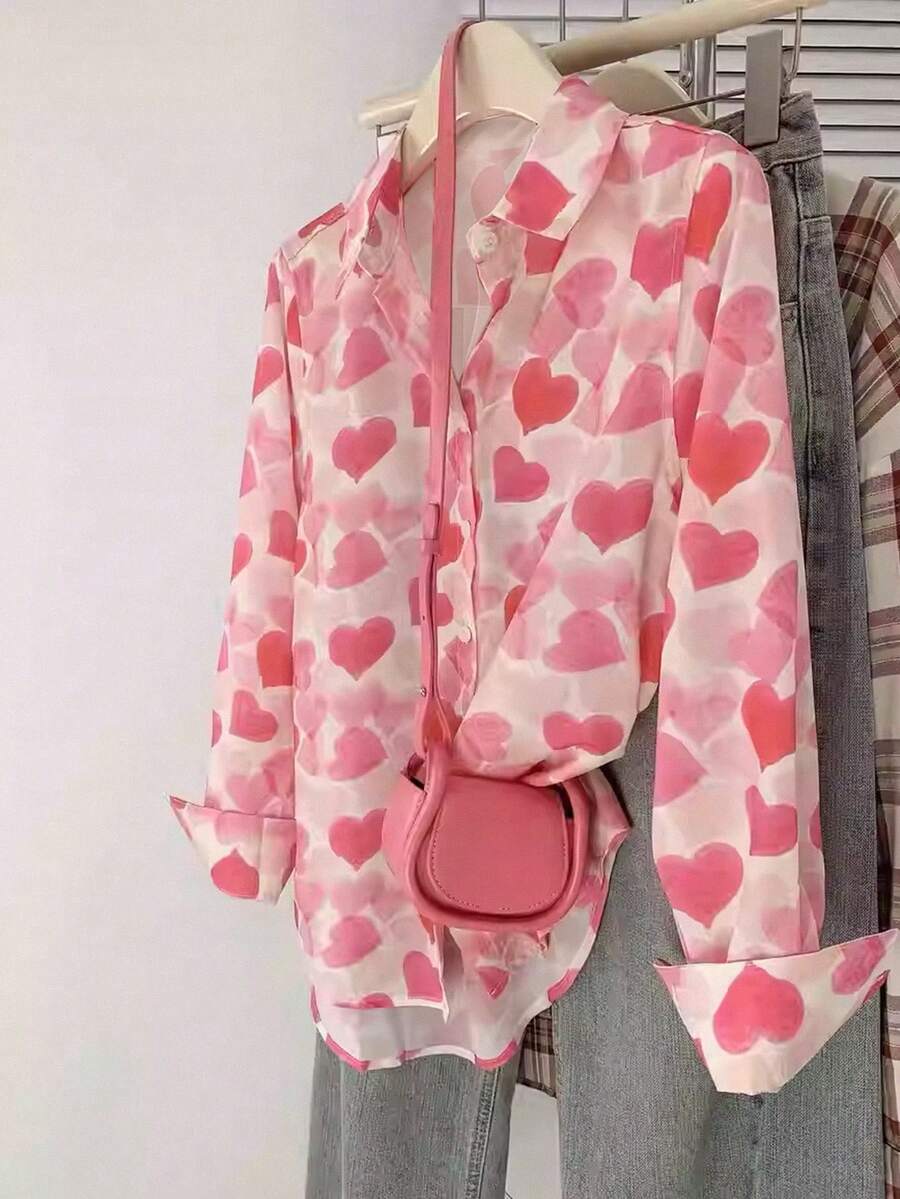 GlowEve CURVE Plus Size Women Summer Heart Pattern Long-Sleeve Shirt,Blush Pink,Autumn,Casual,Formal,Wedding Ninang Commute Valentine's Day Birthday Daily Tops Fall - Pink - View 1