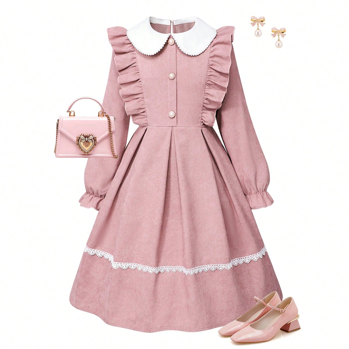 Vestido midi plisado con cuello Peter Pan y decoración de botones de perla, estilo académico lindo y dulce, de moda, para otoño/invierno
