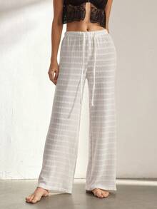 Ocili Women's Solid Color Crochet Low Waist Straight Leg Pants, Loungewear - White - View 5