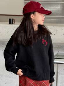 DAZY Tween Girls Round Neck Casual Bow Knit Sweater, Korean Style, Autumn/Winter - Black - View 7