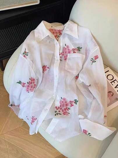 Airaco Women's Fashion Casual Romantic Embroidered Floral Long Sleeve Button-Up Shirt Fall Cloth For Women