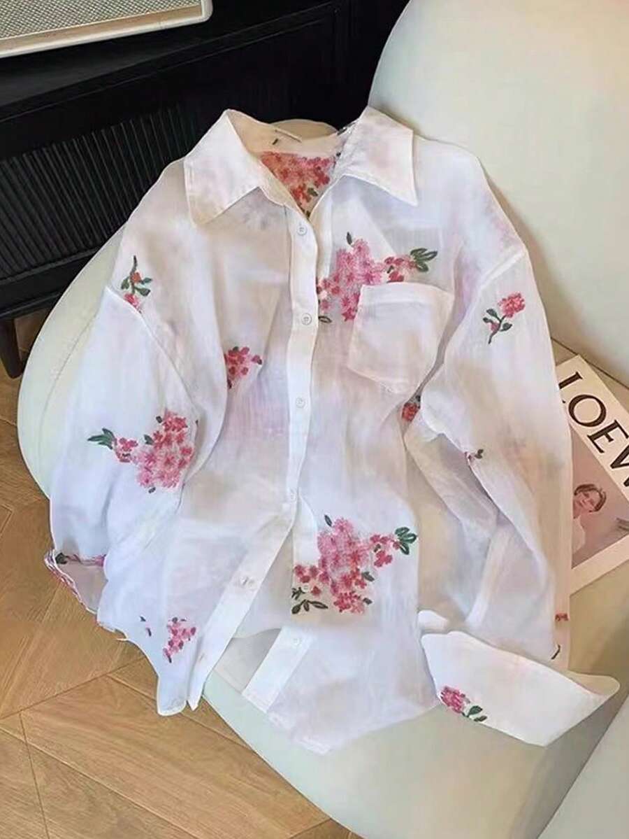 Airaco 女士时尚休闲浪漫刺绣花卉长袖纽扣衬衫 - 白色 - 查看 1