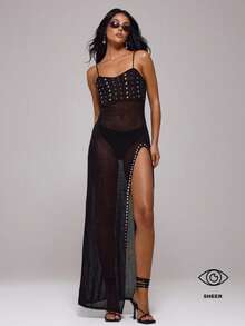 MUSERA Chrome Studded Semi Sheer Crochet Knit Maxi Dress Autumn Fall Winter Night Out Elegant Sexy  Party Occasion Premium Midnight Alloy Carnival Vacation - Black - View 2