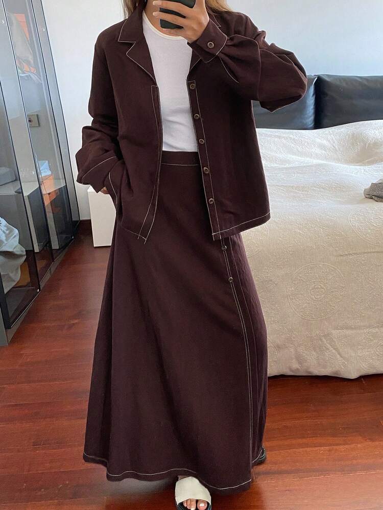 Women's Casual Commuter Shirt And Skirt 2 Pieces Set, Autumn