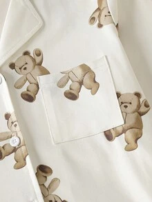 男童复古卡通熊印花长袖上衣和裤子两件套睡衣，休闲舒适 - 米色 - 查看 4