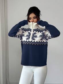SHEIN Elenzya Áo len nữ thanh lịch, họa tiết Fair Isle, áo len khóa kéo nhiều màu, họa tiết Giáng sinh, áo len thu/đông - Màu xanh hải quân - Xem 4