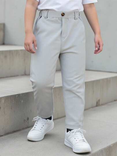 SHEIN Young Boy Casual Solid Color Pants, With Single Button Decor, Slant Pockets, Elastic Waist Design, Suitable For Daily Wear, Travel, Party, Holiday, Versatile Fashion