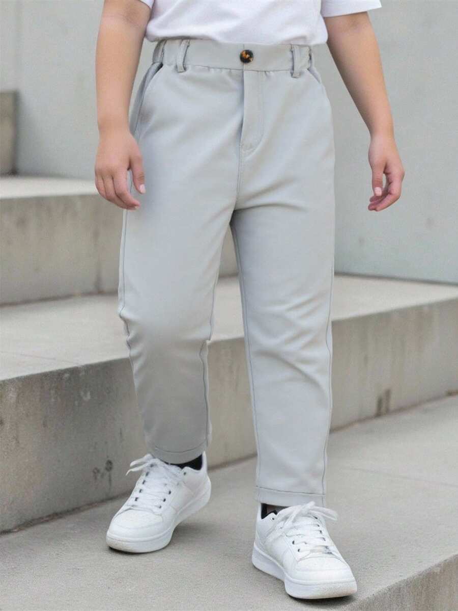 SHEIN 男童休闲纯色长裤,单扣装饰,斜插口袋,松紧腰设计,适合日常穿着、旅行、聚会、度假等场合,百搭时尚 - 淺灰色 - 查看 1
