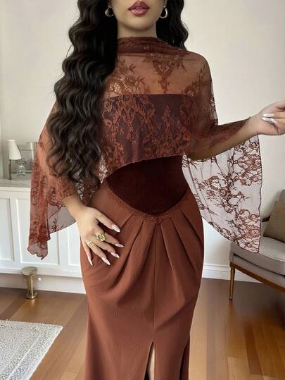 SHEIN Elenzya Women's Vintage Burgundy Velvet Lace Shawl With A-Line Mermaid Hem, Suitable For Daily Wear, Weddings, Galas, Commute, Graduation Parties, Holidays, Dates, Parties, Halloween, Christmas, New Year, Thanksgiving - Mid-Length Dress