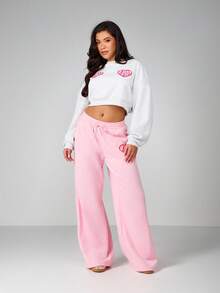 Missguided x Playboy Women Heart Graphic Crop Sweatshirt Valentine Long Sleeve Love Print Pullover Casual Top - Light Grey - View 3