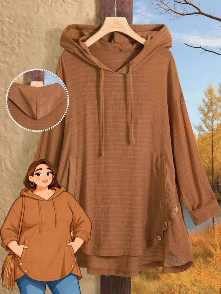 Plus Size Solid Color Casual Hooded Long Sleeve Shirt