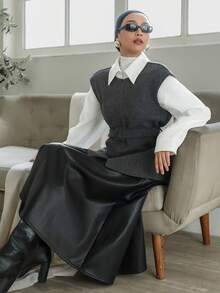 DAZY 女士秋冬外套，宽松商务休闲办公装，时尚腰带装饰收腰基础款大衣 - 黑色 - 查看 10