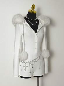 SHEIN DivaQ 女士白色人造毛皮连帽连体衣 - 白色 - 查看 4