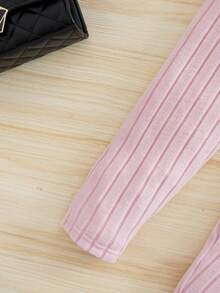 SHEIN Explorewe 2pcs/Set Tween GirlsRibbed Hoodie Top With Asymmetrical Hem And Leggings - Pink - View 3