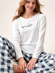 Loomlin Pyjama-Set mit Langarm Top mit englischem Buchstabe Muster und karierter Hose - Verschiedenfarbig - Übersicht 3