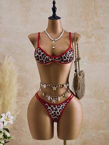 Swim Vcay Women's Leopard Print Bikini Set,Contrast Red Mini Cup Bandeau Strapless Swimwear,Summer Casual Beach Vacation Holiday Outfits For Woman,Tan - Multicolor - View 10