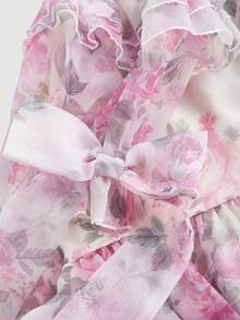 SHEIN MOD Apricot & Pink Floral Print Dreamy Romantic Elegant Organza Dress With Layered Ruffle Hem And Bow Accent, Suitable For Dates, Parties, Holidays, Teas, Birthday, Summer Outfits For Women,Romantic Dresses,Beach Outfits For Woman,Wedding Guest Dress Women,Concert Outfit Women,Rave Outfits Festival, Floral Dress For Women, Elegant Dresses For Women, Holiday Dresses For Women