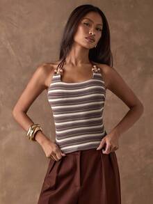 SHEIN BAE Women's Brown Striped Backless Beaded Patchwork Slim-Fit Camisole,Bohemian Style Music Festival Tank Top,Beige,Summer,Boho Chic,Vacation,Holiday - Brown - View 5