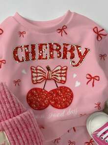 2pcs/Set Infant Toddler Unisex Cherry & Bow Print Long Sleeve Top And Elastic Waist Pants Set, Baby Girls Sweatshirt Outfit, Toddler Bow Cherry Print Top Set, Baby Girls Autumn/Winter Clothing, Baby Girls New Year Outfit Baby Girl Clothes Baby Girl Winter Outfit Cherry Baby Outfit Baby Girl Romper Set Cherry Set Girl - Pink - View 4