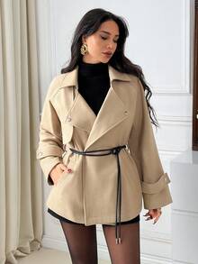 EURMUSE Women's Camel Wool-Blend Belted Coat – Oversized Lapel, Drop Shoulder, Elegant Relaxed Fit Short Trench Outerwear - Camel - View 4