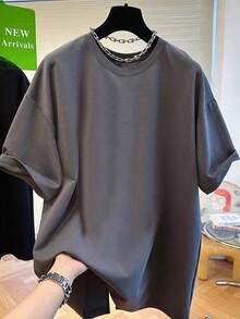 SHEIN Plus Size Women's Round Neck T-Shirt With Back Slit And Bow Decor - Grey - View 2