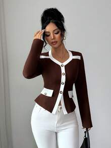 Elenzga Women's Asymmetrical Collar Long Sleeve Blouse,Brown And White Contrast Color Splice Metal Button Pocket Decor Waist Fitted Autumn Elegant Office - Multicolor - View 3