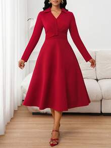 SHEIN Lady Elegant Commuter Solid Color Waist Cinched Burgundy Dress - Burgundy - View 3