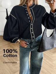 Siren Gaze Women's Contrast Color Trim Long Sleeve Shirt, Cotton Blouse With Stand Collar, Autumn Winter Black Western Blouses