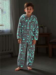 2pcs Tween Boys Minimalist Cute Dinosaur Print Long Sleeve Jumpsuit Pajamas, Daddy & Me Matching Outfits (Sold Separately) Fall Winter - Grey - View 4