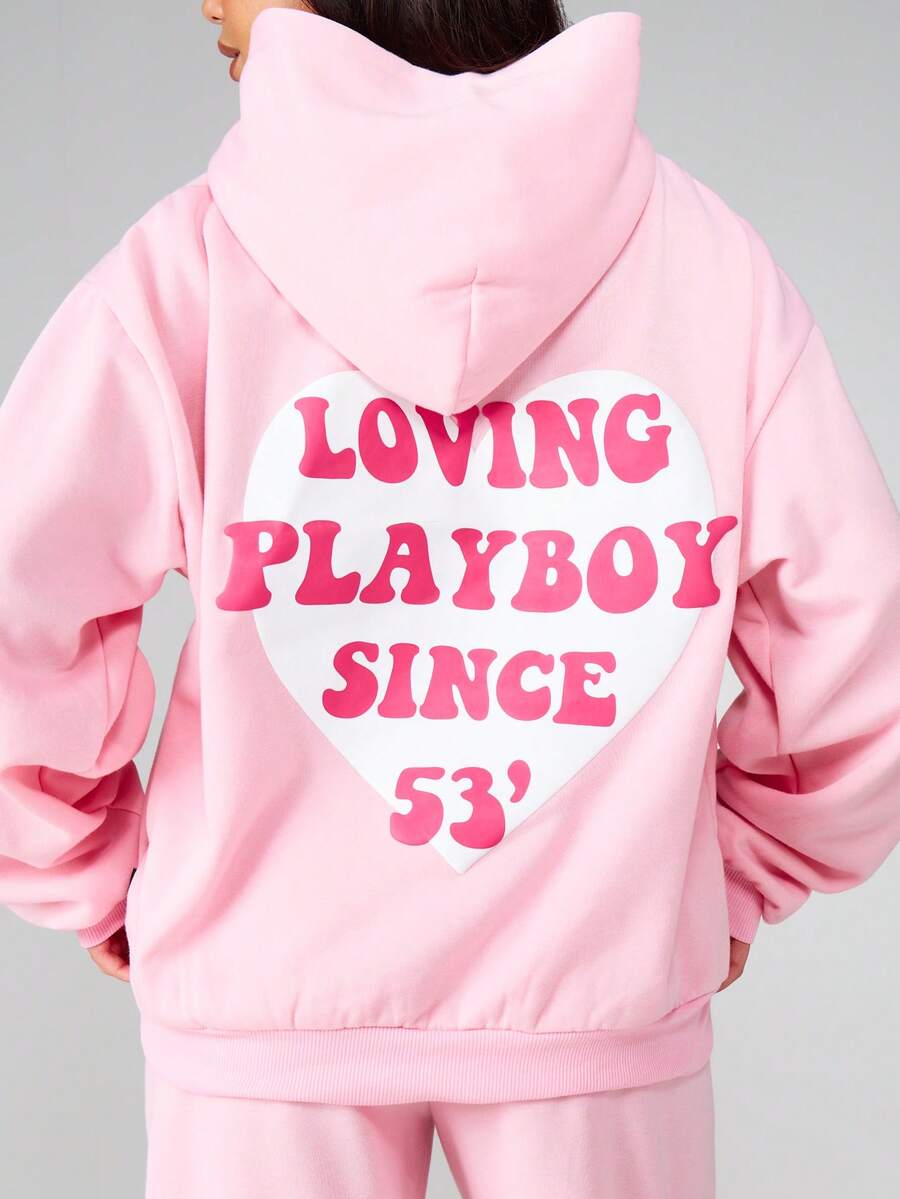 Missguided x Playboy Áo hoodie in hình trái tim cỡ lớn không dây rút tay dài thường ngày mùa đông dạo phố cho mùa thu - Hồng - Xem 1