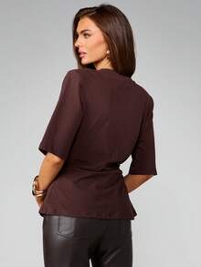 MISSGUIDED Áo thun cổ tròn tay lửng, chất liệu cotton pha trộn, có đệm vai màu nâu, chi tiết nhún ở hai bên, thích hợp mặc hàng ngày vào mùa thu đông - Cà phê nâu - Xem 2