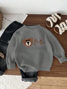 SHEIN LMoss Kids 男童可爱小熊图案落肩圆领套头毛衣，舒适休闲，适合居家、户外、上学、秋冬季穿着。 - 灰色 - 查看 5
